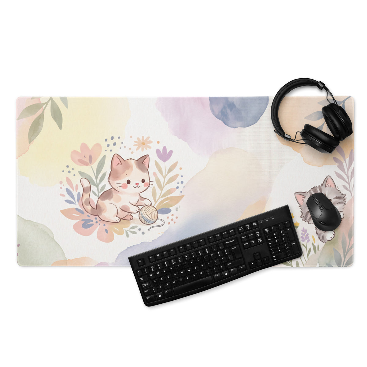 Pastel Floral Cat Theme Gaming Mouse Pad Cute Girly Design