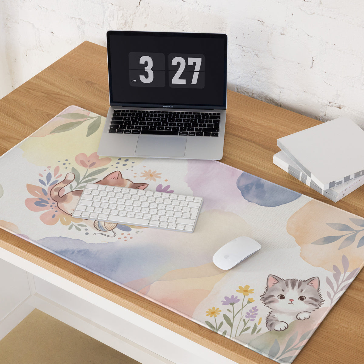 Pastel Floral Cat Theme Gaming Mouse Pad Cute Girly Design