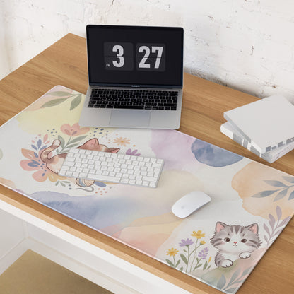 Pastel Floral Cat Theme Gaming Mouse Pad Cute Girly Design