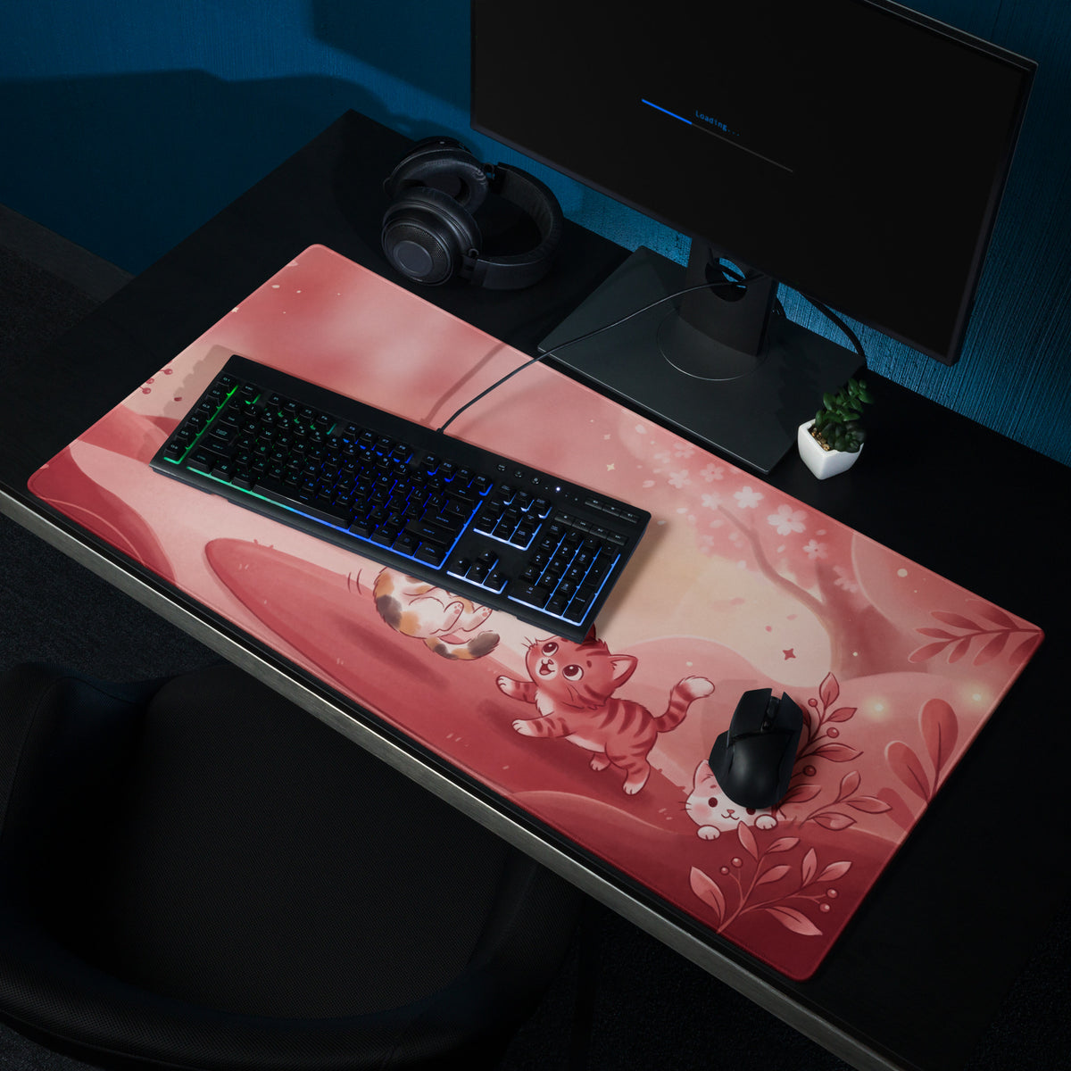 Pink Kitty Glitter Gaming Mouse Pad With Cute Flowers