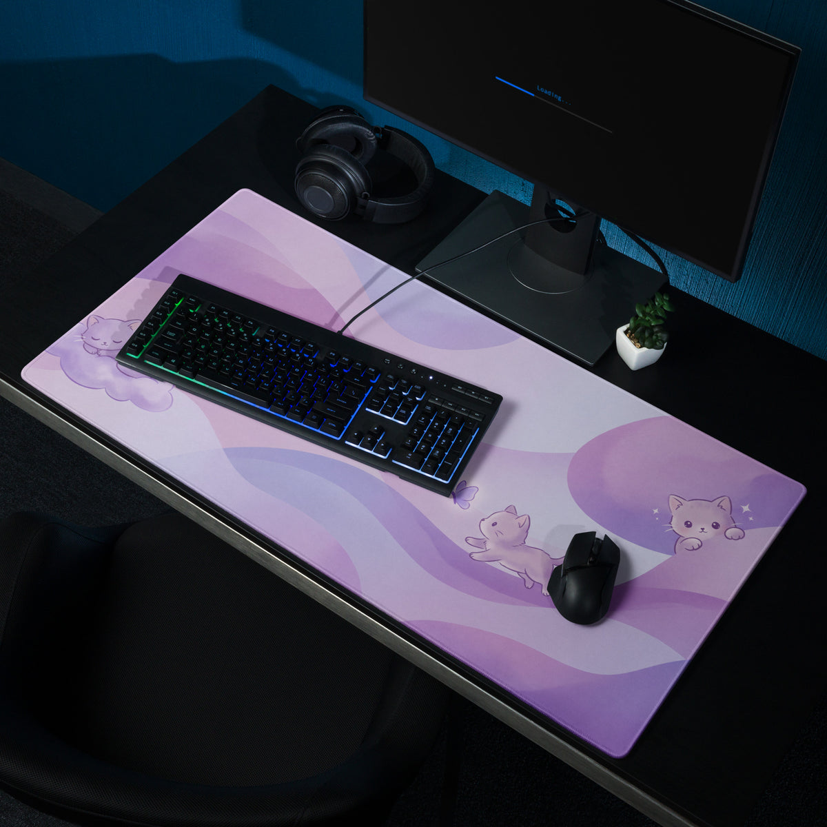 Pastel Kitty Meadows Gaming Mouse Pad Cute Purple Pink