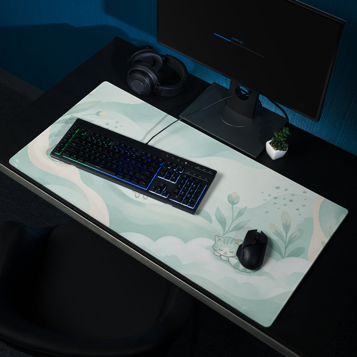 Pastel Cat Themed Gaming Mouse Pad Mint Blue