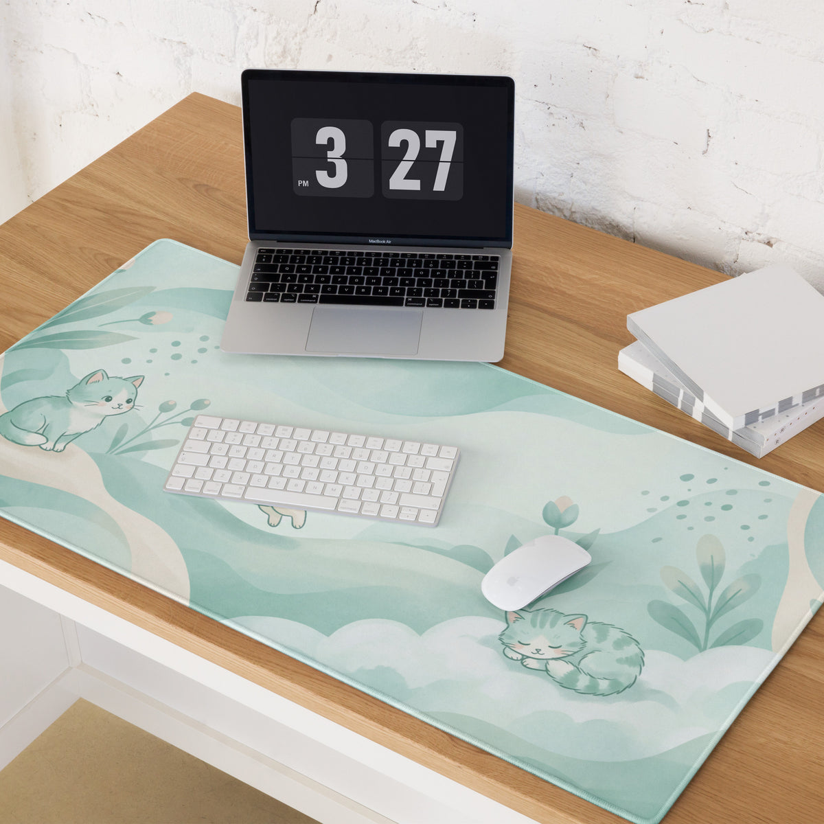 Pastel Cat Themed Gaming Mouse Pad Mint Blue