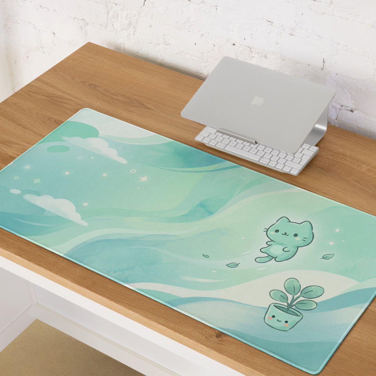 Cute Mint Green Kawaii Cat Mouse Pad
