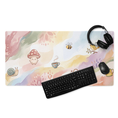 Pastel Girly Cute Gaming Mouse Pad With Mushrooms Tea Cup Butterflies