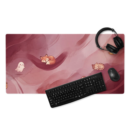 Pink Moonlit Cute Gaming Mouse Pad With Foxes Mushrooms Stars