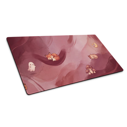 Pink Moonlit Cute Gaming Mouse Pad With Foxes Mushrooms Stars