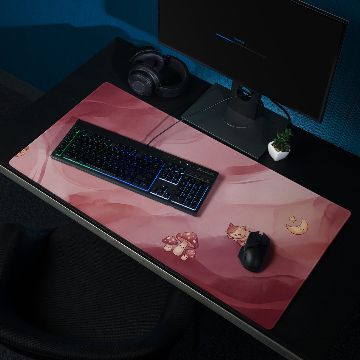 Pink Moonlit Cute Gaming Mouse Pad With Foxes Mushrooms Stars