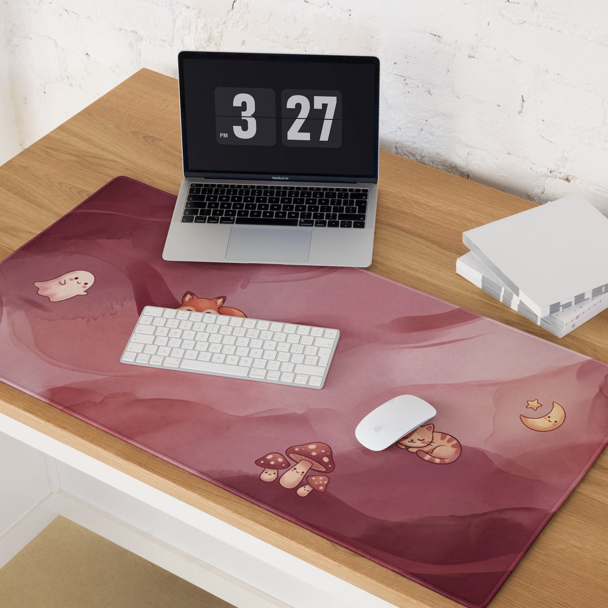 Pink Moonlit Cute Gaming Mouse Pad With Foxes Mushrooms Stars