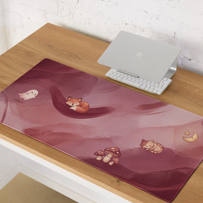 Pink Moonlit Cute Gaming Mouse Pad With Foxes Mushrooms Stars