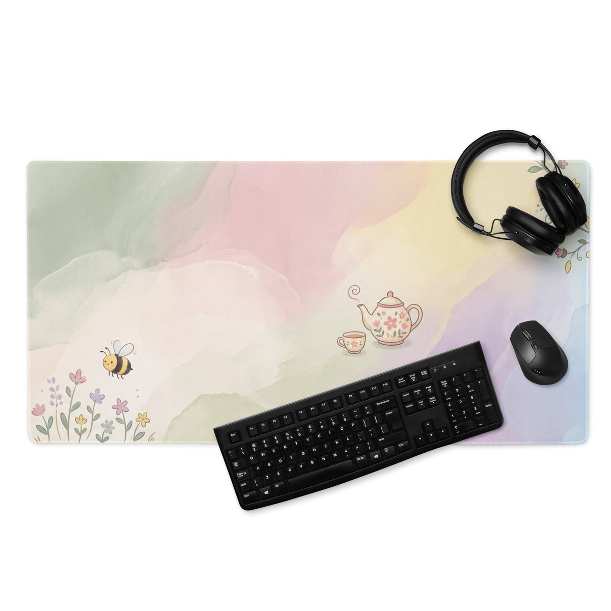 Pastel Pink Floral Gaming Mouse Pad With Cute Teapot Bees Design