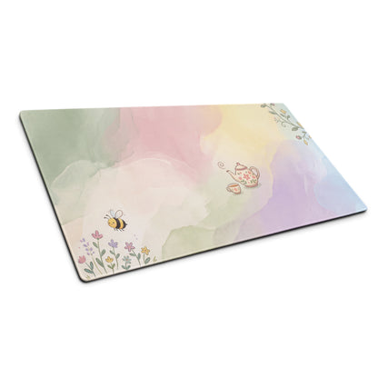 Pastel Pink Floral Gaming Mouse Pad With Cute Teapot Bees Design