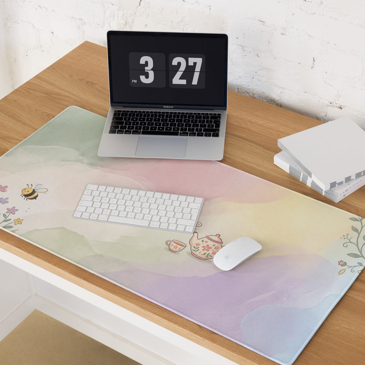 Pastel Pink Floral Gaming Mouse Pad With Cute Teapot Bees Design