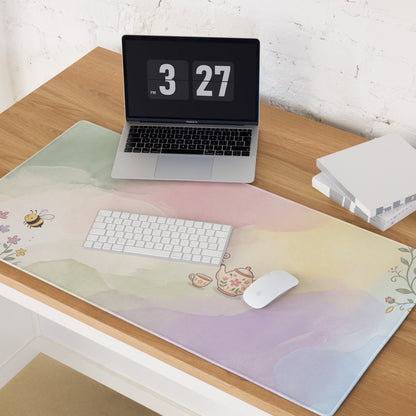 Pastel Pink Floral Gaming Mouse Pad With Cute Teapot Bees Design