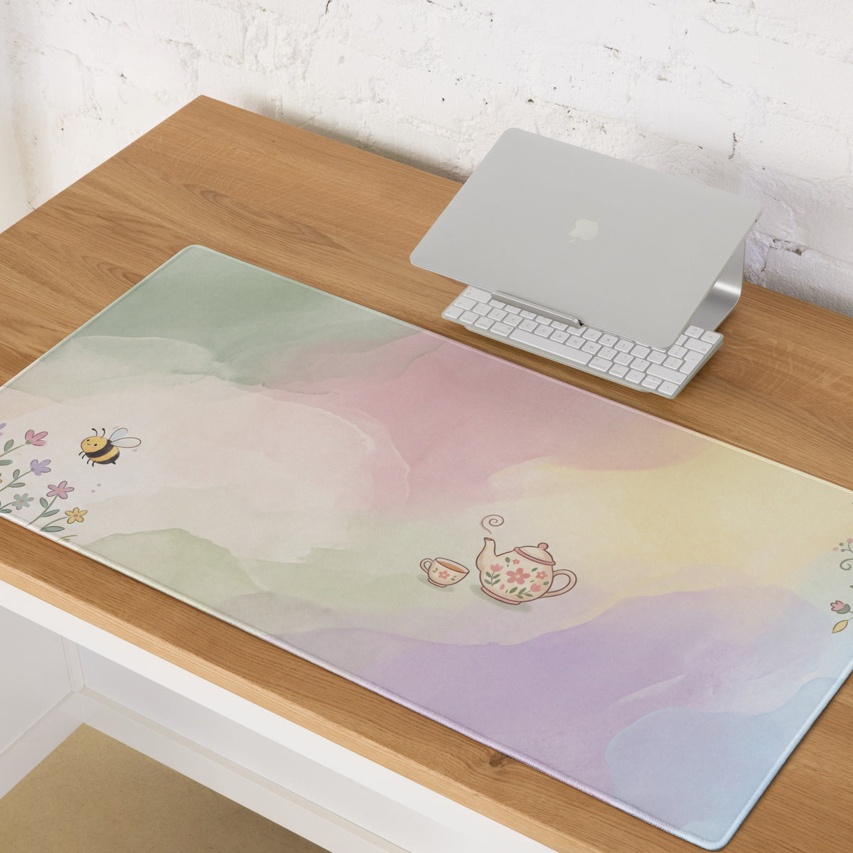 Pastel Pink Floral Gaming Mouse Pad With Cute Teapot Bees Design