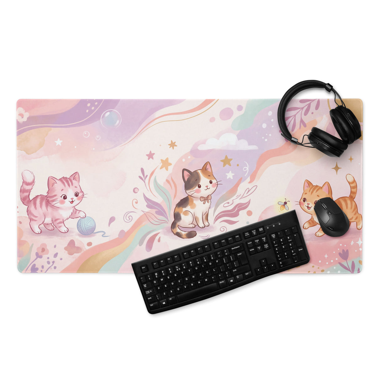 Pastel Kitty Cats Gaming Mouse Pad With Azure Pink Colors