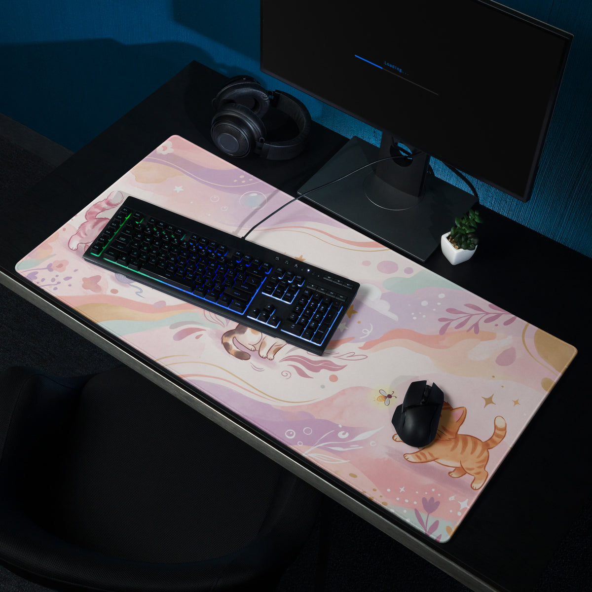Pastel Kitty Cats Gaming Mouse Pad With Azure Pink Colors