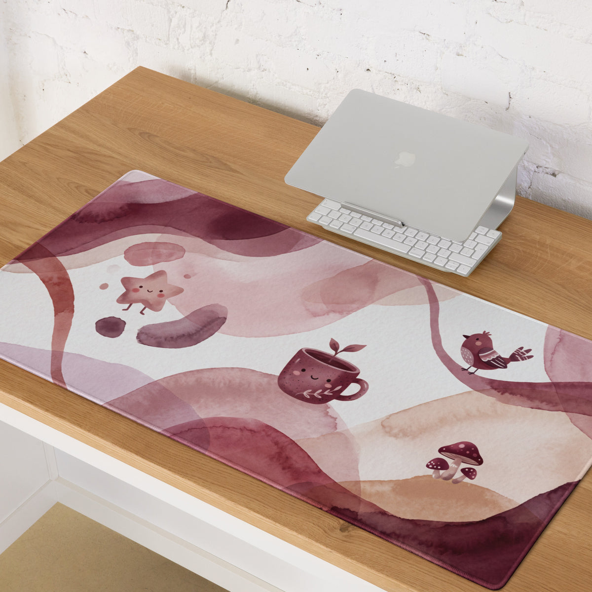 Pink Watercolor Cute Mouse Pad With Birds And Mug Design