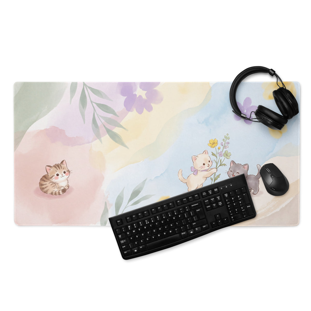 Pastel Floral Cat Theme Gaming Mouse Pad Cute Hearts