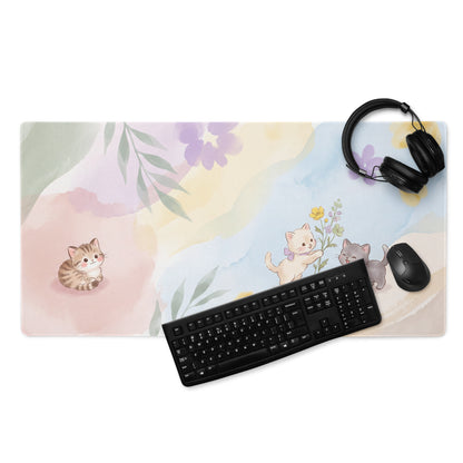 Pastel Floral Cat Theme Gaming Mouse Pad Cute Hearts