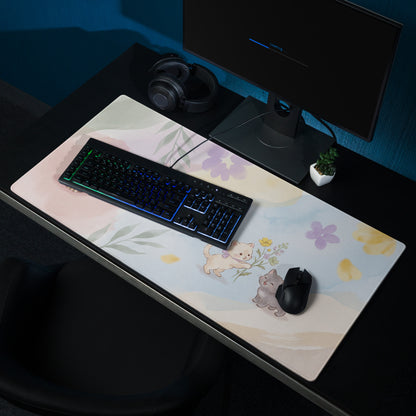 Pastel Floral Cat Theme Gaming Mouse Pad Cute Hearts