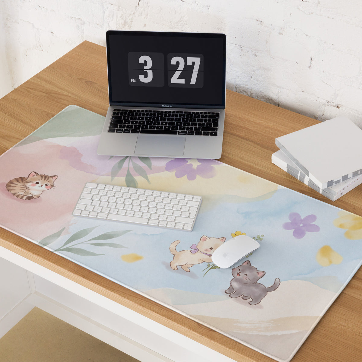 Pastel Floral Cat Theme Gaming Mouse Pad Cute Hearts
