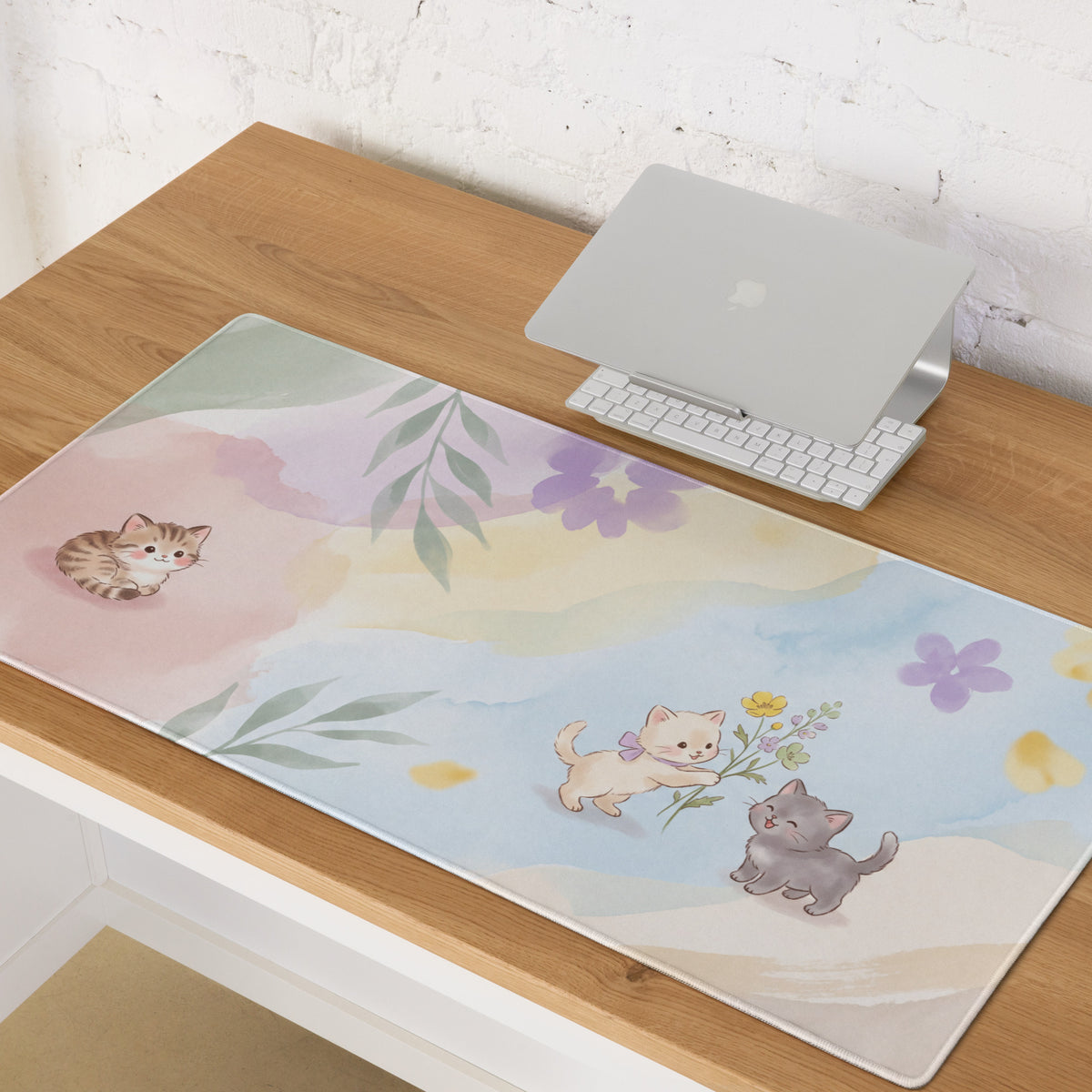 Pastel Floral Cat Theme Gaming Mouse Pad Cute Hearts