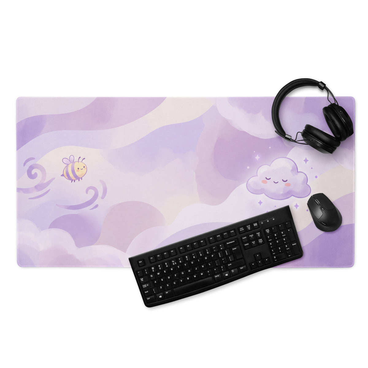 Lilac Galaxy Gaming Mouse Pad With Cute Clouds Bee Art