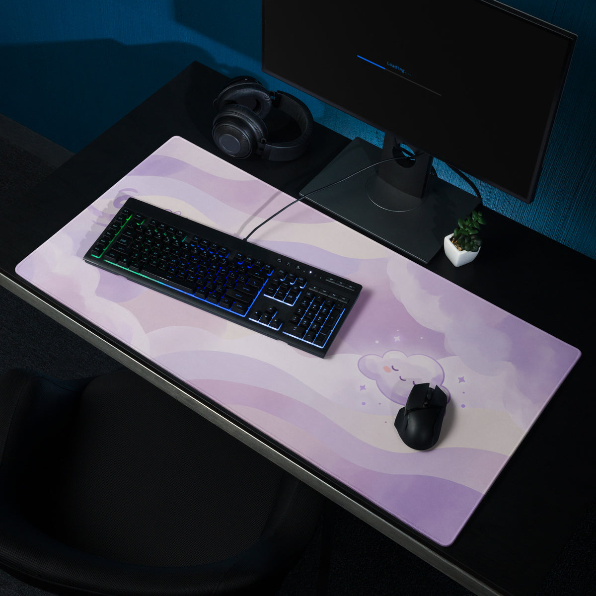 Lilac Galaxy Gaming Mouse Pad With Cute Clouds Bee Art