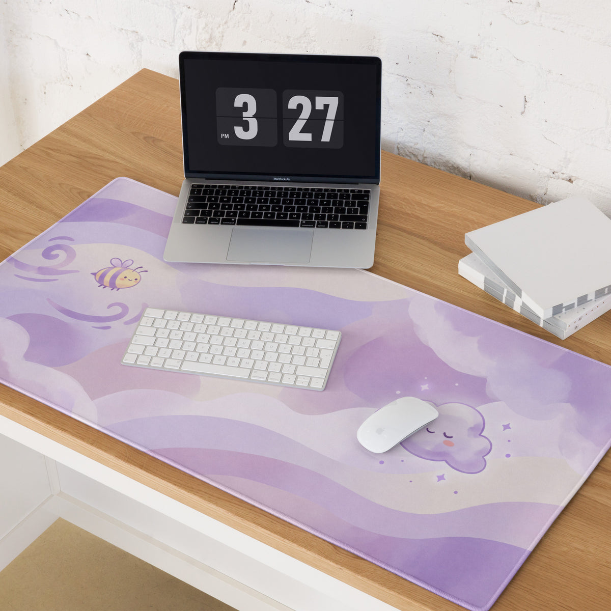Lilac Galaxy Gaming Mouse Pad With Cute Clouds Bee Art