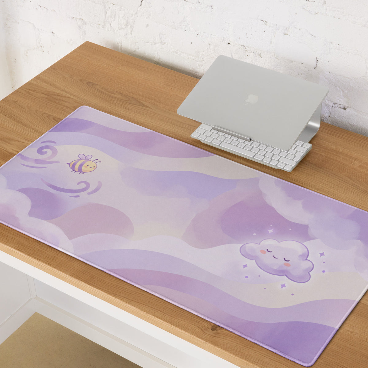Lilac Galaxy Gaming Mouse Pad With Cute Clouds Bee Art