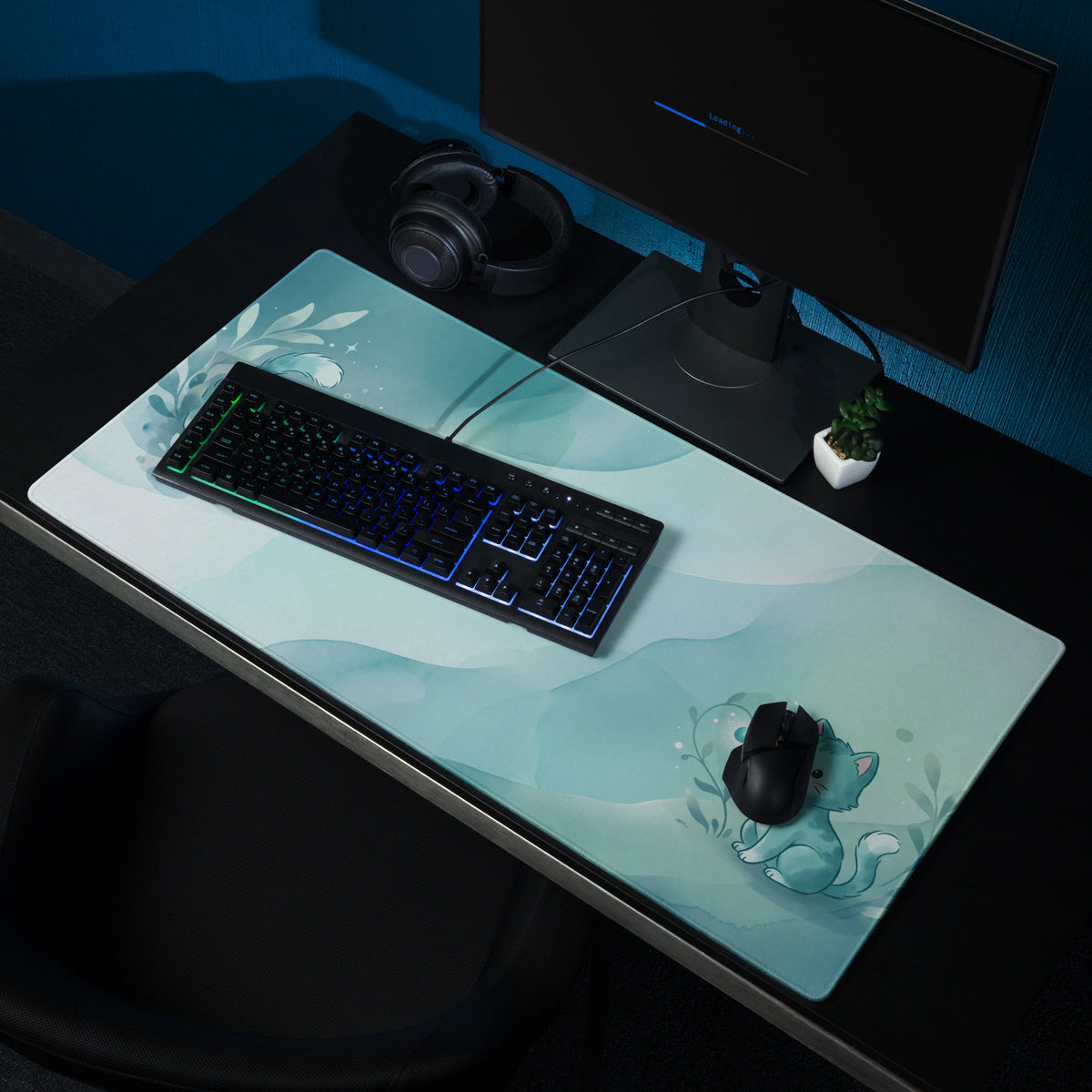 Cute Blue Gradient Gaming Mouse Pad With Kawaii Cats