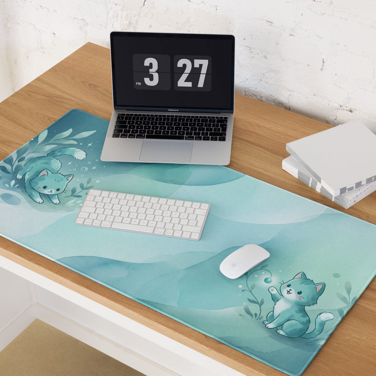 Cute Blue Gradient Gaming Mouse Pad With Kawaii Cats