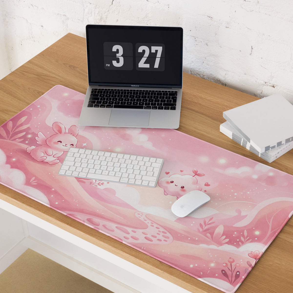 Pink Gaming Mouse Pad Cute Bunny Clouds
