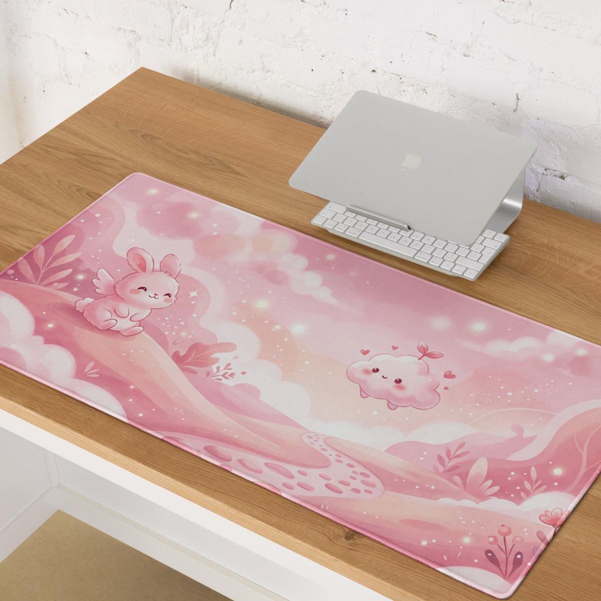 Pink Gaming Mouse Pad Cute Bunny Clouds