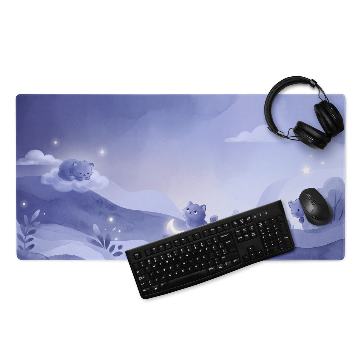 Purple Cat Night Sky Gaming Mouse Pad With Cute Clouds
