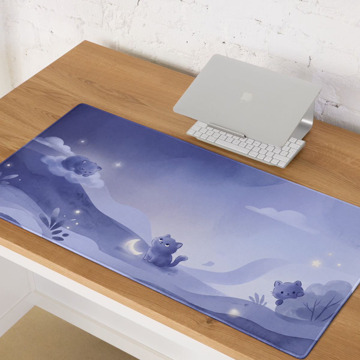 Purple Cat Night Sky Gaming Mouse Pad With Cute Clouds