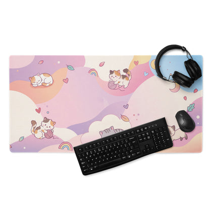 Pastel Kitty Cats Gaming Mouse Pad With Cute Hearts And Rainbow