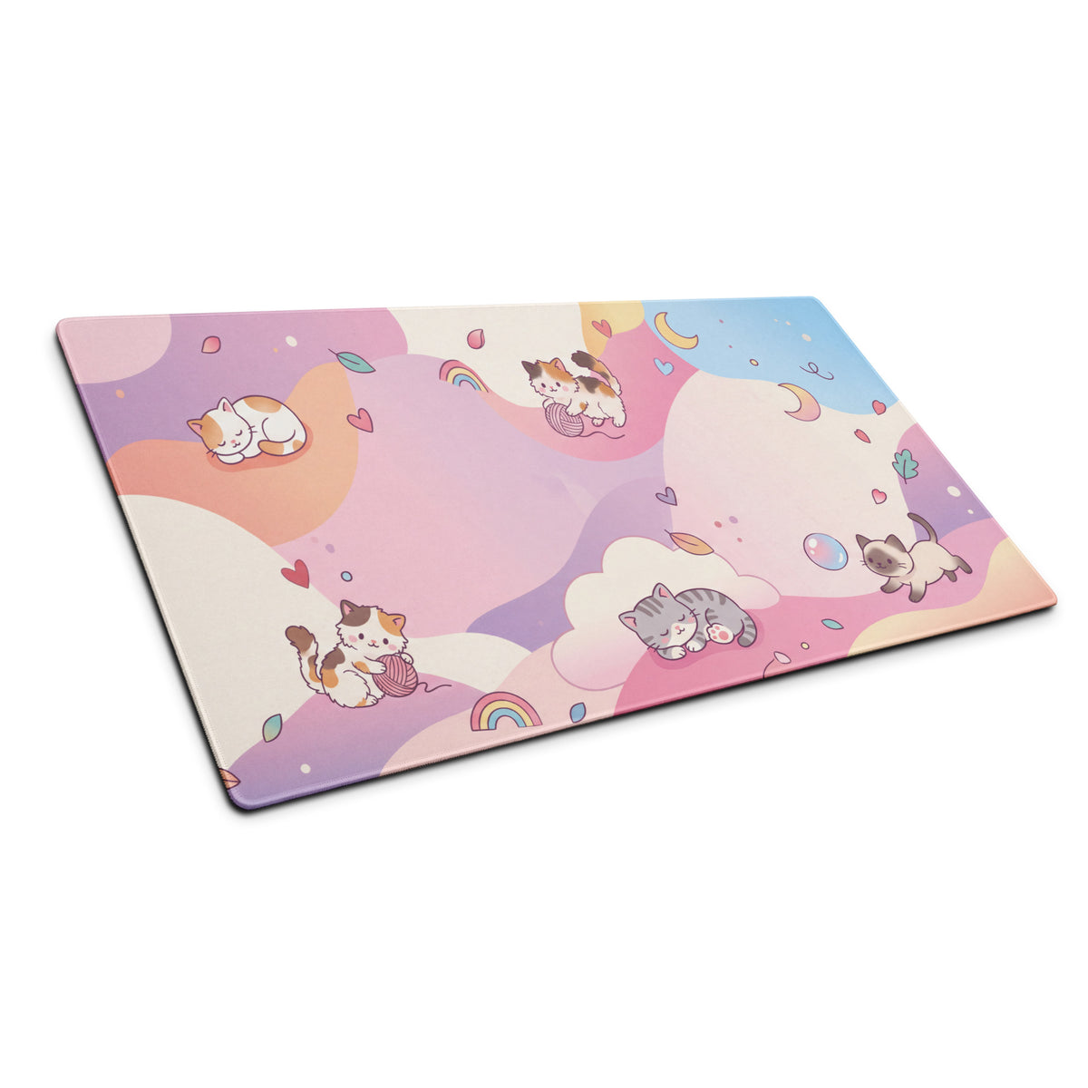 Pastel Kitty Cats Gaming Mouse Pad With Cute Hearts And Rainbow