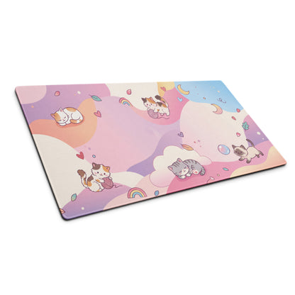 Pastel Kitty Cats Gaming Mouse Pad With Cute Hearts And Rainbow