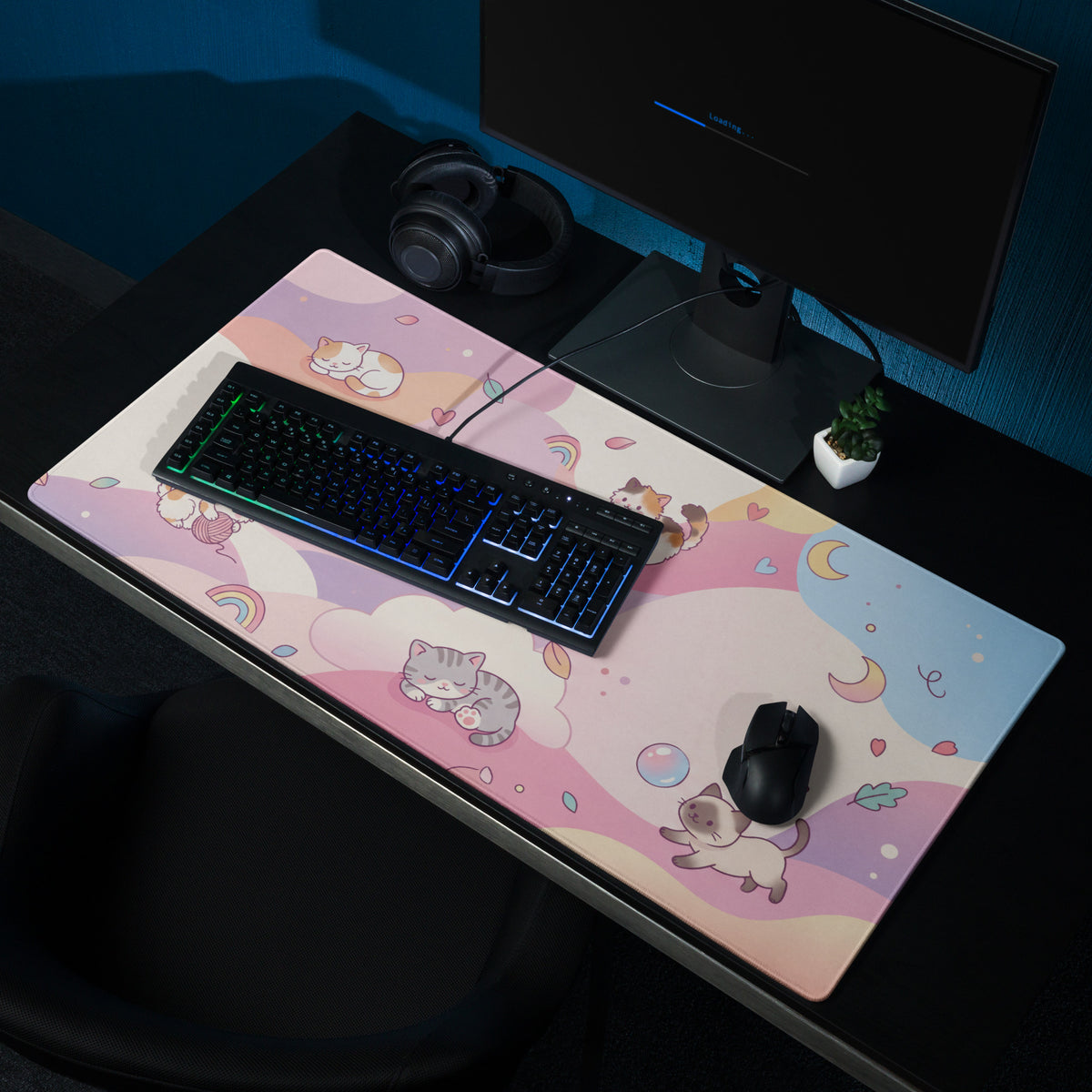 Pastel Kitty Cats Gaming Mouse Pad With Cute Hearts And Rainbow