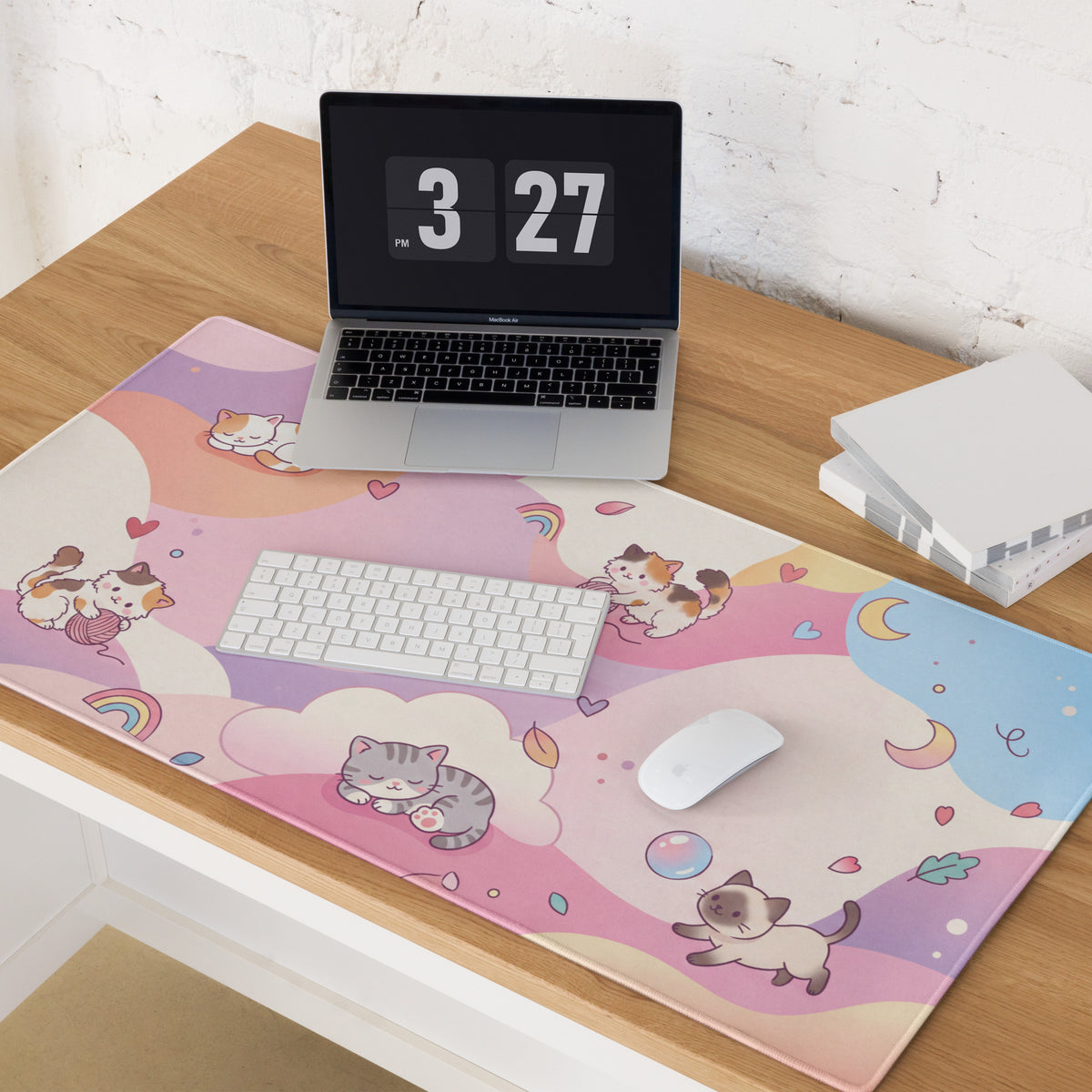 Pastel Kitty Cats Gaming Mouse Pad With Cute Hearts And Rainbow
