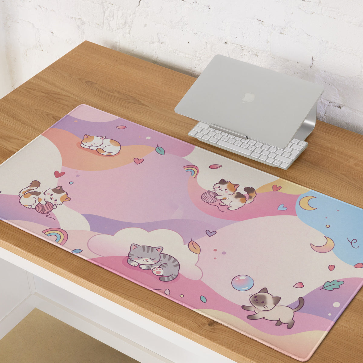 Pastel Kitty Cats Gaming Mouse Pad With Cute Hearts And Rainbow