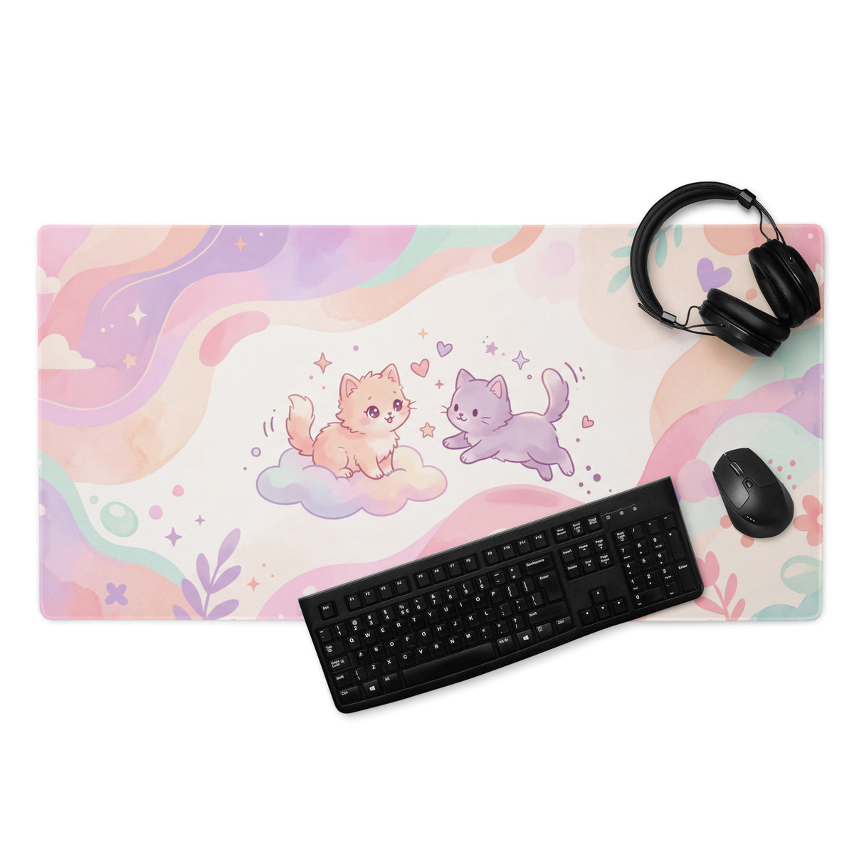 Pastel Pink Rainbow Gaming Mouse Pad With Cute Cats Hearts