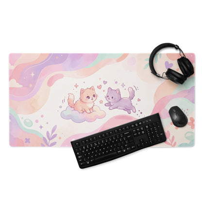 Pastel Pink Rainbow Gaming Mouse Pad With Cute Cats Hearts