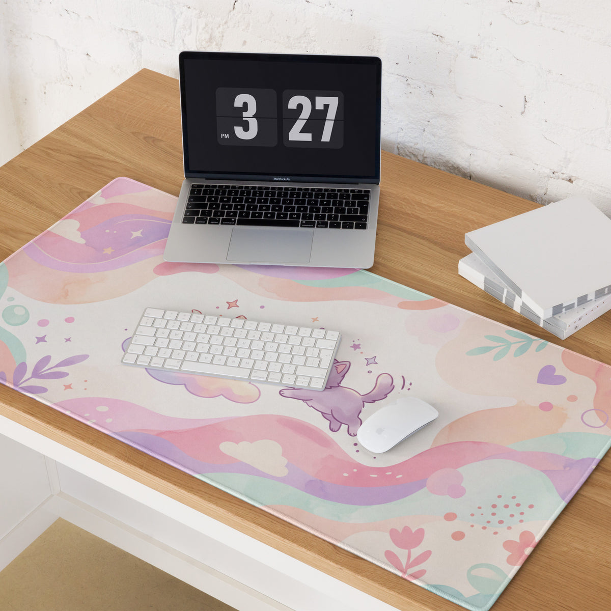 Pastel Pink Rainbow Gaming Mouse Pad With Cute Cats Hearts