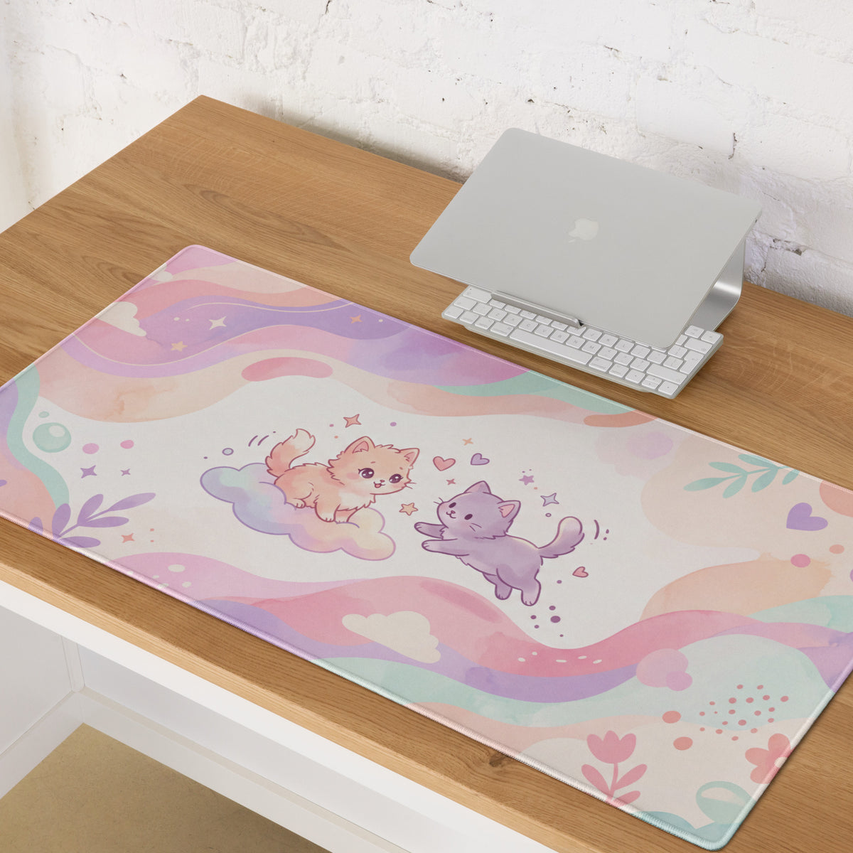 Pastel Pink Rainbow Gaming Mouse Pad With Cute Cats Hearts
