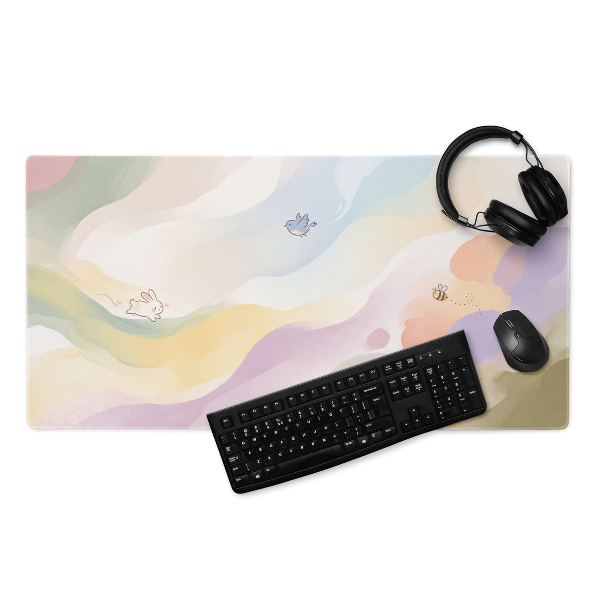 Pastel Rainbow Cute Gaming Mouse Pad With Bunny Design