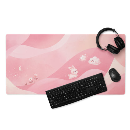 Pink Cute Gaming Mouse Pad With Clouds and Rabbits