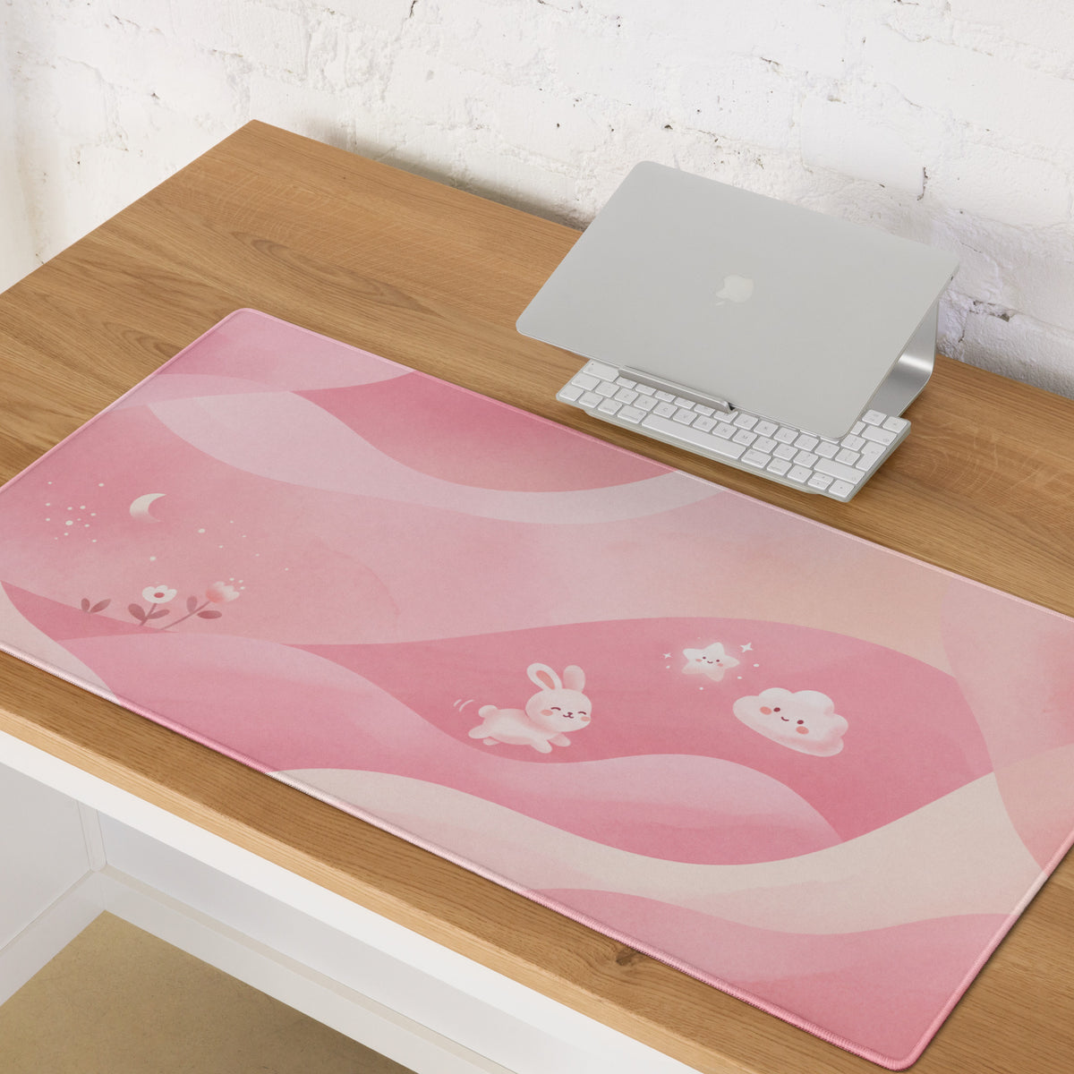 Pink Cute Gaming Mouse Pad With Clouds and Rabbits